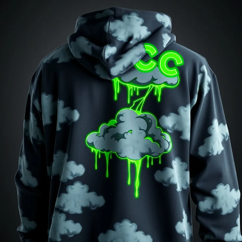 Prompt: Dark gray cloud pattern hoodie print with dripping neon slime green lightning bolt and neon slime green nimbus cloud with the letters "CC" in a dripping neon slime green style on the top left shoulder