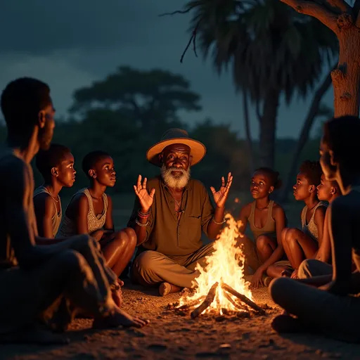Prompt: ."A hyper-realistic scene of an African village during a warm evening, with a group of children and adults gathered around a crackling bonfire. The firelight casts flickering shadows on the ground, creating a cozy, inviting atmosphere. In the center, an older man with a weathered face, wearing a traditional hat, sits with his hands raised as if about to tell a story. His wise eyes shine under the fire's glow, and his listeners, a mix of men, women, and children, are captivated, sitting on the ground, their attention focused on him. The scene is set in a rural village with tall trees swaying gently in the background, and the fire is the only source of light in the area. The night sky is filled with stars, adding to the serene, yet intense atmosphere of the traditional African fireside storytelling moment."