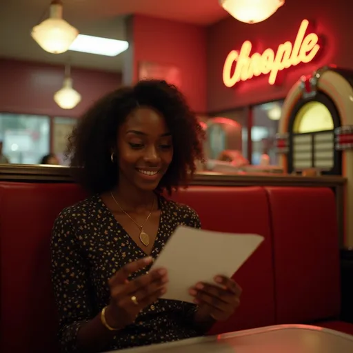 Prompt: A hyper-realistic vintage photograph of a young Black woman in her early 30s sitting in a cozy diner booth. The setting is the 1990s, with warm, dim lighting and a nostalgic ambiance. She is holding a letter in her hands, reading it with a soft, heartfelt smile. The diner has classic retro decor—red leather seats, a jukebox in the background, and a neon sign casting a gentle glow. The image should capture rich textures, detailed facial expressions, and a cinematic feel reminiscent of old film photography.