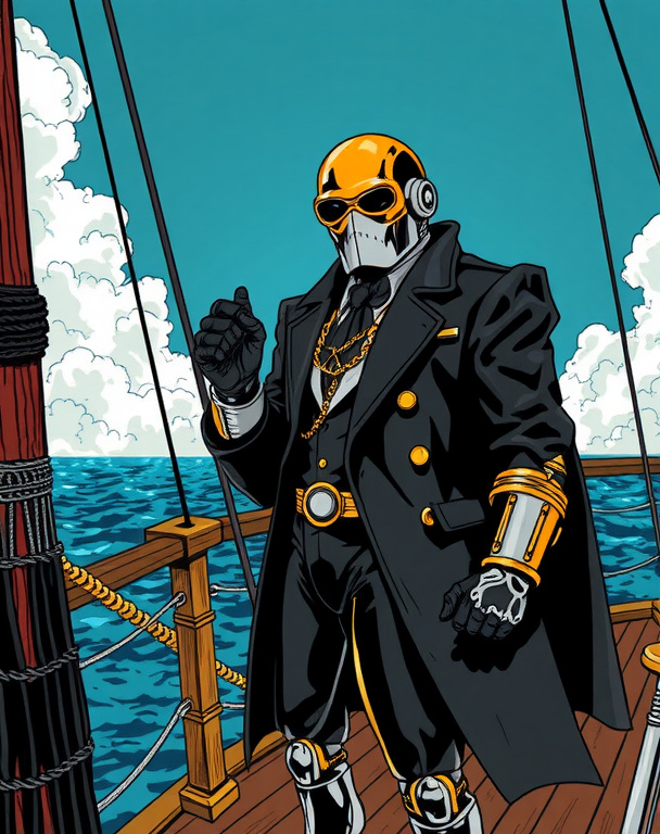 Prompt: (((Dark comic))) black and white, robot detective, standing on the deck of a clipper ship, gold, chrome, blue ocean, white fluffy clouds, in the style of 1950's Comic book art