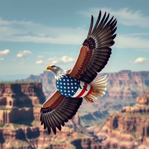 Prompt: robot American bald eagle, AMERICAN FLAG, Soaring over the gRAND CANYON, 4k