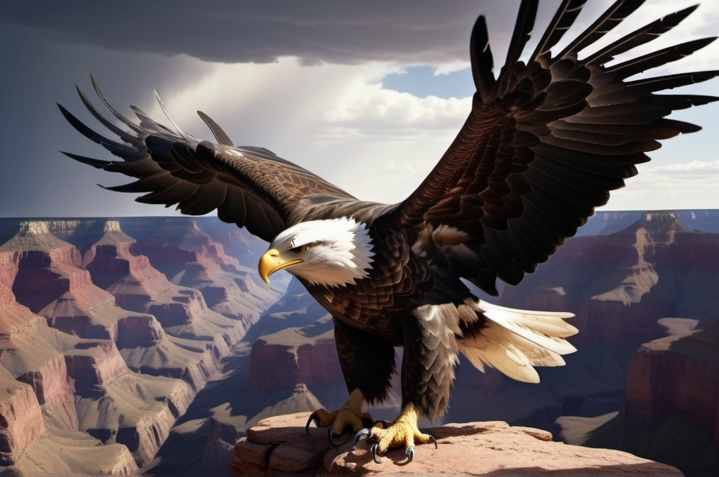 Prompt: (((dramatic lighting))), robot American bald eagle, Soaring over the gRAND CANYON, 4k