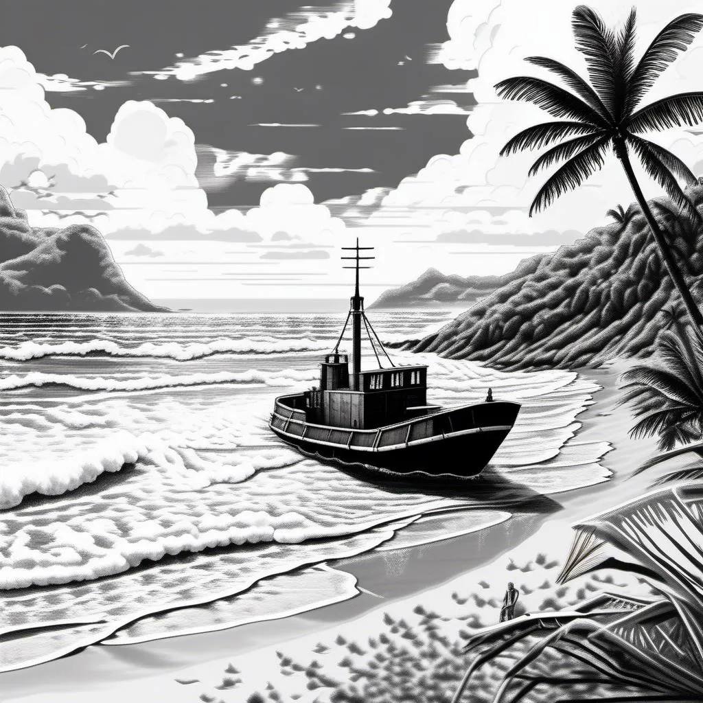 Prompt: map+++, (((extreme detail))), (((monochrome))), black and white, in the style of a Scribner's 1900s copper plate image, a small military style landing craft, anchor down+, on the beach of a lush tropical island, 4kmap+++, (((extreme detail))), (((monochrome))), black and white, in the style of a Scribner's 1900s copper plate image, a small military style landing craft, anchor down+, on the beach of a lush tropical island, 4k<mymodel>