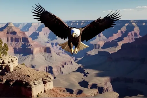 Prompt: (((dramatic lighting))), robot American bald eagle, Soaring over the gRAND CANYON, 4k