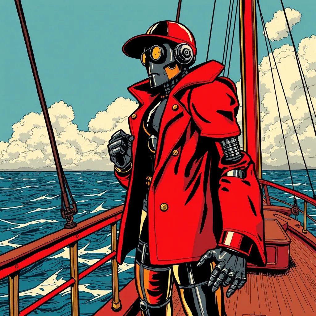 Prompt: (((Dark comic))) black and white robot detective standing on the deck of a clipper ship, red, gold, chrome, blue ocean, white fluffy clouds, in the style of 1950's Comic book art