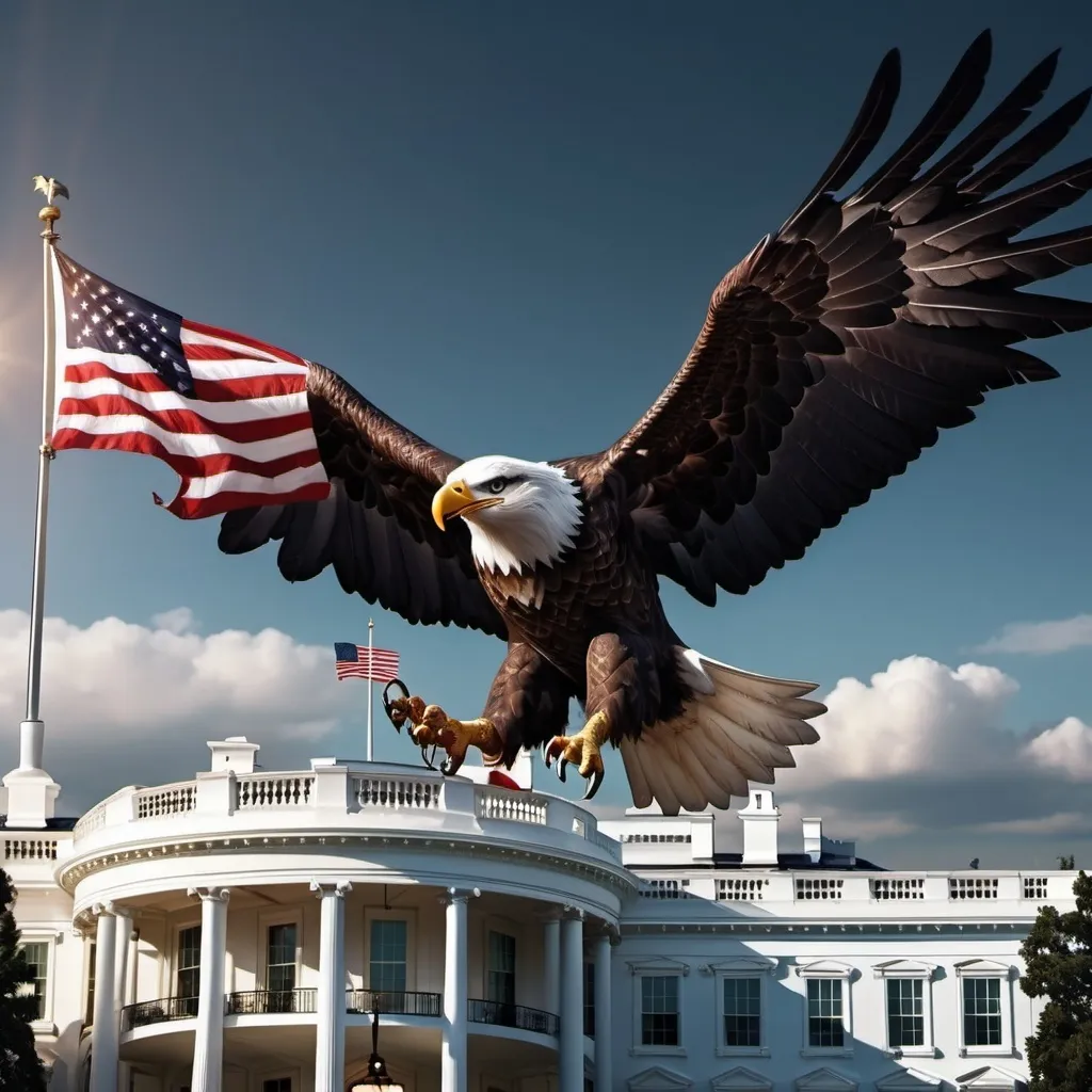 Prompt: (((dramatic lighting))), AMERICAN FLAG, robot American bald eagle, Soaring over the WHITE HOUSE, 4k