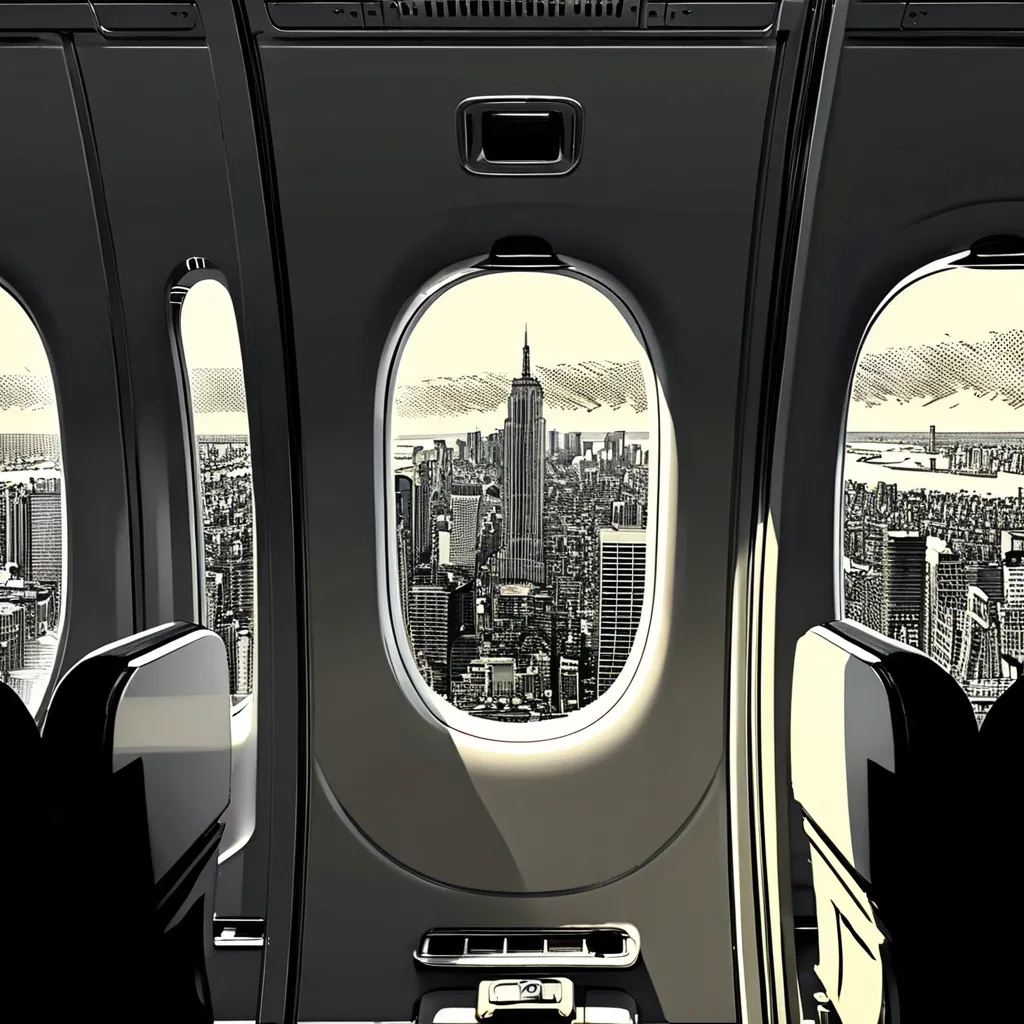 Prompt: (((underground comic))), (((dark comic)), one airplane porthole, 10,000 feet, looking out over New York City, depicted in a 1950's comic book art style, featuring darkly gritty noir elements as if for a comic book cover, monochrome palette emphasizing black and white, with high-resolution details and top quality craftsmanship, 4k, ultra fine, 