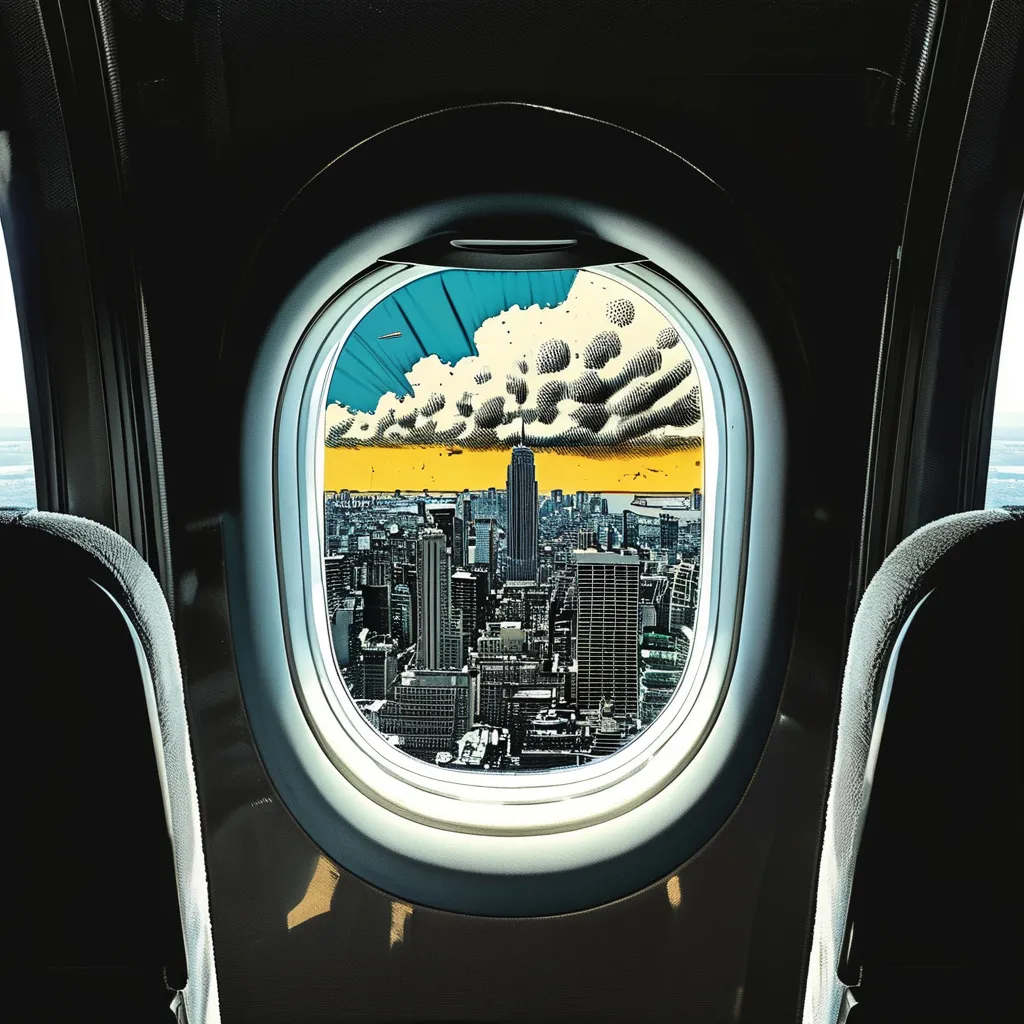 Prompt: (((underground comic))), (((dark comic)), one airplane porthole, 10,000 feet, looking out over New York City, depicted in a 1950's comic book art style, featuring darkly gritty noir elements as if for a comic book cover, monochrome palette emphasizing black and white, with high-resolution details and top quality craftsmanship, 4k, ultra fine, 