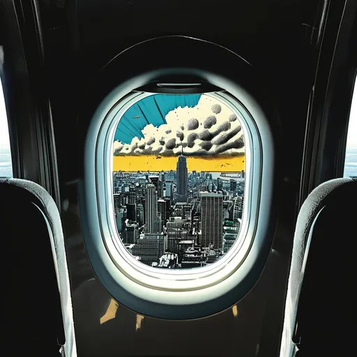 Prompt: (((underground comic))), (((dark comic)), one airplane porthole, 10,000 feet, looking out over New York City, depicted in a 1950's comic book art style, featuring darkly gritty noir elements as if for a comic book cover, monochrome palette emphasizing black and white, with high-resolution details and top quality craftsmanship, 4k, ultra fine, 