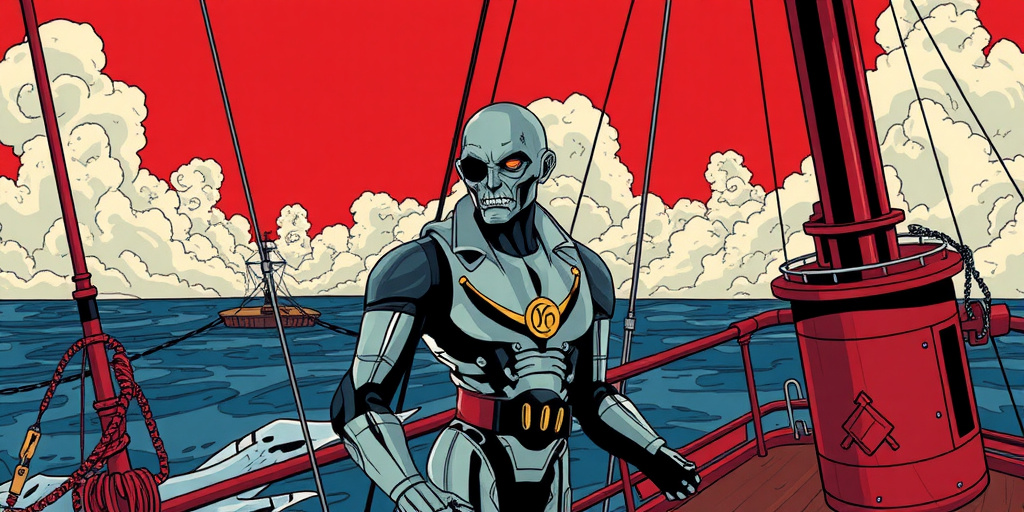 Prompt: (((Dark comic))) black and white robot detective standing on the deck of a clipper ship, red, gold, chrome, blue ocean, white fluffy clouds, in the style of 1950's Comic book art