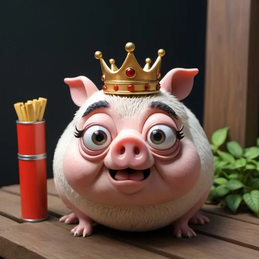 Prompt: Um porco em 3D com olhos vermelhos , uma coroa com folhas de maconha escrito porconha em baixo 