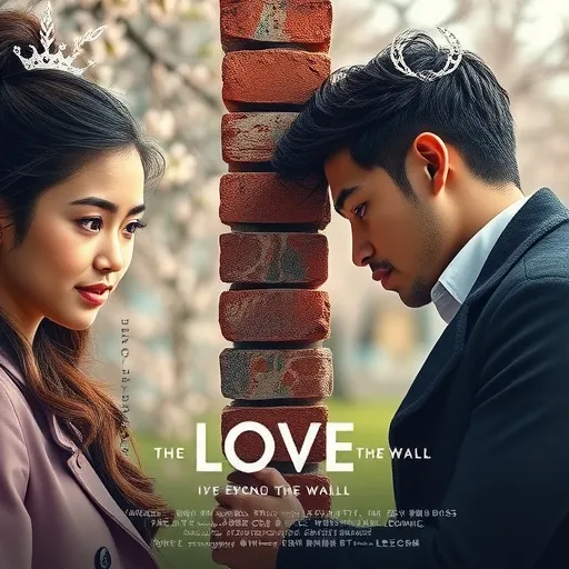 Prompt: Create a movie poster with a Title " Love Beyond the wall" , a girl on the left side having a sweet expression, a brick wall in the middle that divide the object , a handsome man in the right side having a cold pose , it has a spring background 