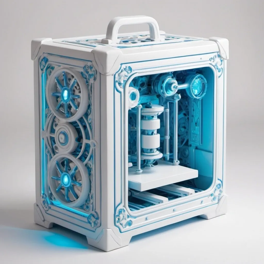 Prompt: a magical colorful machine (mostly white and blue, but throw in some other colors ) that looks like a box