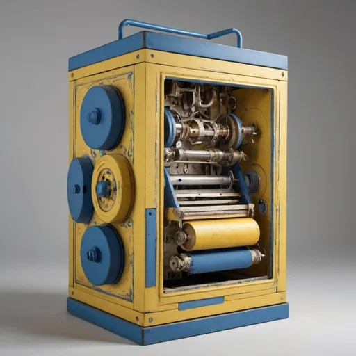Prompt: Artistic machine that looks like a box, mostly yellow and blue