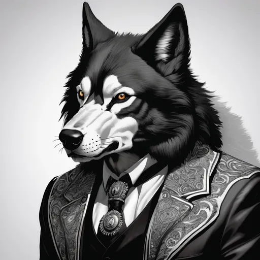 Prompt: Um lobo preto e branco bem estilizado unico