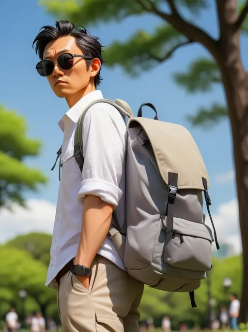 Prompt: a man standing in a park with a backpack and a backpack behind him, wearing sunglasses and a white shirt, Andrew Law, orphism, katsuhiro otomo, a stock photo