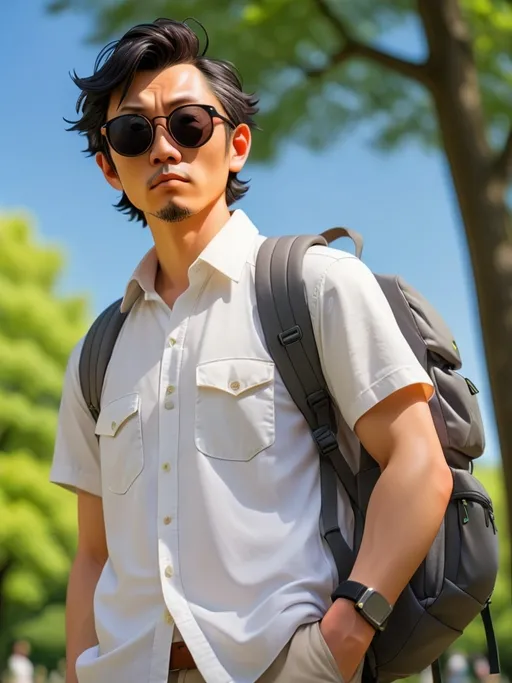 Prompt: a man standing in a park with a backpack and a backpack behind him, wearing sunglasses and a white shirt, Andrew Law, orphism, katsuhiro otomo, a stock photo