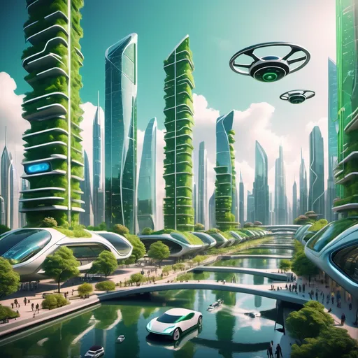Prompt: "A futuristic utopian city in the year 2100, filled with green skyscrapers, flying autonomous cars, clean air, floating parks, people walking with augmented reality glasses, AI-controlled drones flying, bright and vibrant lighting, hyper-realistic, 8K quality.