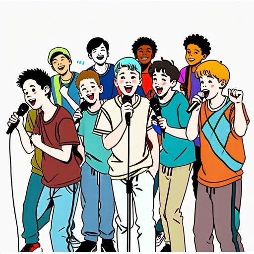 Prompt: white background, colored, 7 boys are doing karaoke, facing in front