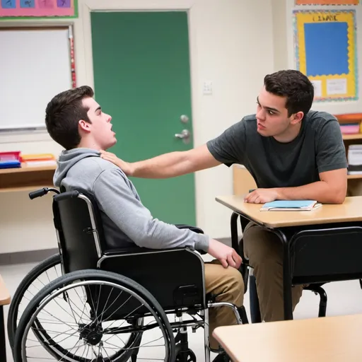 Prompt: guy bullying guy in wheelchair in classroom