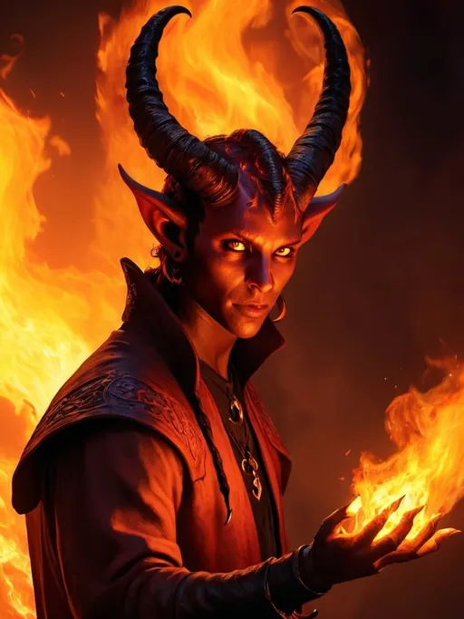 Prompt: Hyper-realistic illustration of a Tiefling character with fiery hands, fantasy character art, warm tone, high quality, detailed horns, intense gaze, infernal heritage, high-res, fantasy, detailed fire effects, professional, atmospheric lighting, DnD, demon, horns, intense eyes, realistic, warm lighting