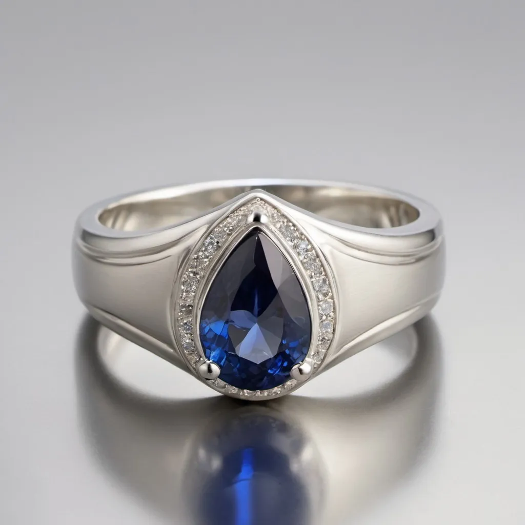 Prompt: A silver men's ring with a blue sapphire pear-cut gem in the center