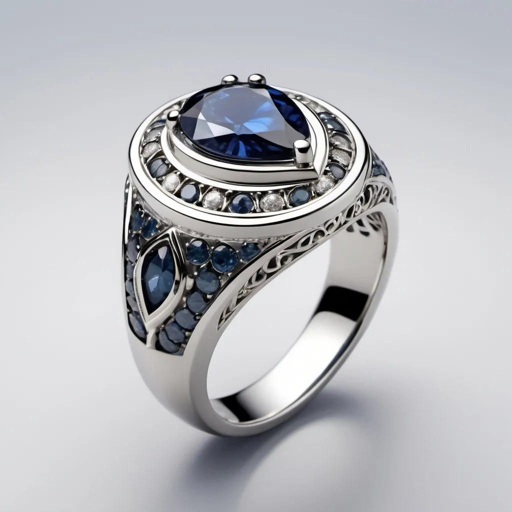 Prompt: A silver men's ring with a blue sapphire pear-cut gem in the center. Several smaller light blue diamonds border the centre stone.