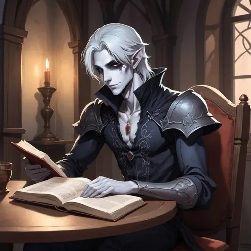 Prompt: A portrait of a slender, beautiful young male Drow seated a at inn table, reading a book. anime style