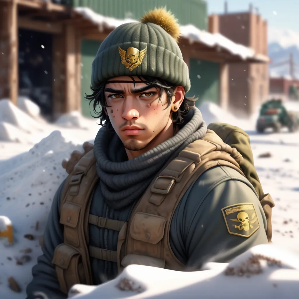 Prompt: illustration of a burly, Hispanic young-adult male wastelander against an out-of-focus snowy sandbag barricade. He wears military gear and a beanie. He has a gold lip piercing. Post-apocalypse setting