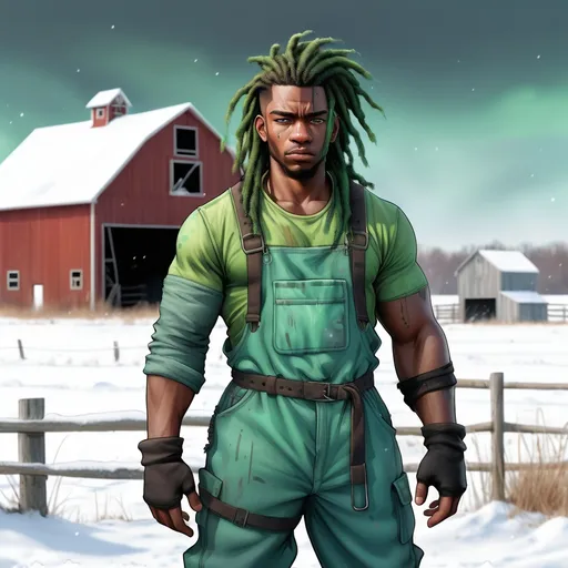 Prompt: illustration of a burly, Black young-adult male wastelander against an out-of-focus snowy barn and field. His aqua-green dreadlocks are tied-back. He wears armored coveralls. Post-apocalypse setting