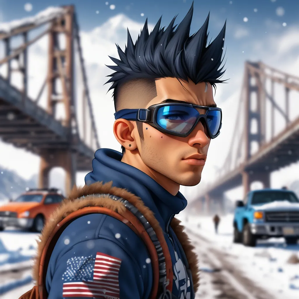 Prompt: illustration of a Hispanic, athletic young adult male wastelander  against an out-of-focus snowy bridge with abandoned cars. He has a navy-blue faux-hawk and ski goggles around his neck. Post-apocalypse setting