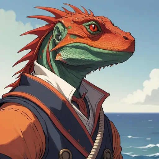 Prompt: A rugged male lizardfolk sailor with red and orange scales looking out at the sea. Anime style