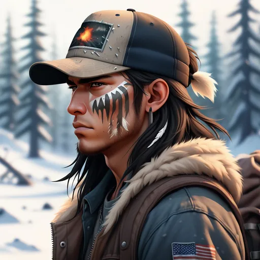 Prompt: illustration of a young adult male Native American wastelander sniper against an out-of-focus snowy forest background, a campfire nearby. He wears a faded, old trucker-cap but strands of long hair escape. Post-apocalypse setting