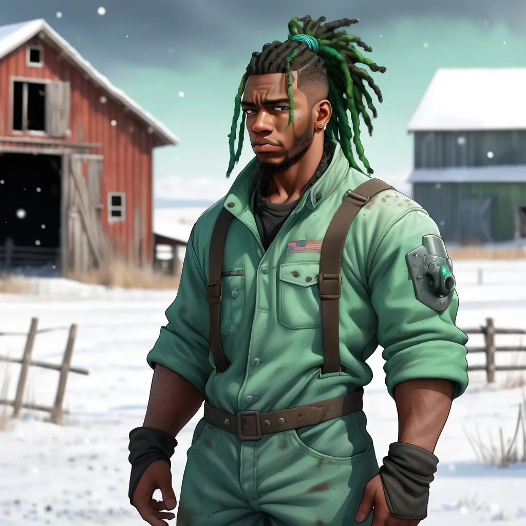 Prompt: illustration of a burly, Black young-adult male wastelander against an out-of-focus snowy barn and field. His aqua-green dreadlocks are tied-back. He wears armored coveralls. Post-apocalypse setting