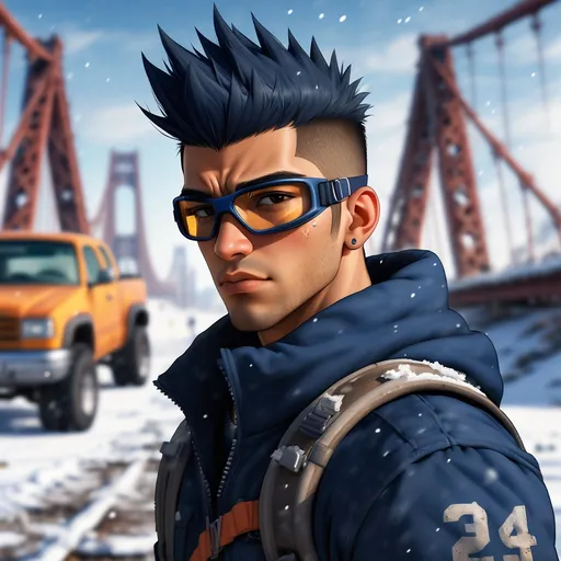 Prompt: illustration of a Hispanic, athletic young adult male wastelander  against an out-of-focus snowy bridge with abandoned cars. He has a navy-blue faux-hawk and ski goggles pulled down around his neck. Post-apocalypse setting