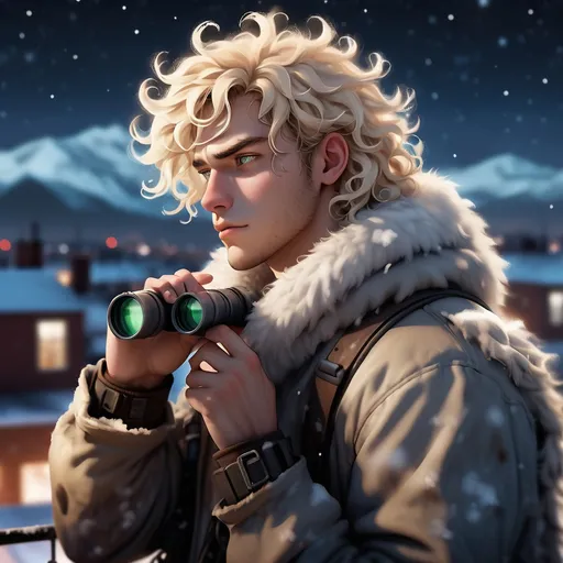 Prompt: illustration of a burly young-adult male wastelander against an out-of-focus snowy night sky, as he waits on a rooftop. His hair is curly and platinum-blonde. He has binoculars in one hand. Post-apocalypse setting