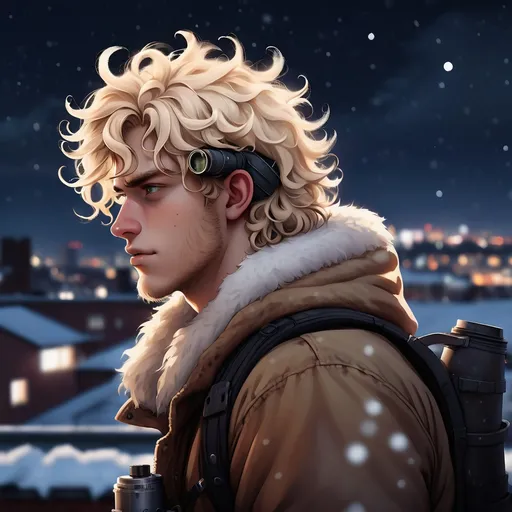 Prompt: illustration of a burly young adult male wastelander against an out-of-focus snowy night sky, as he waits on a rooftop. His hair is curly and platinum-blonde. He has binoculars in one hand. Post-apocalypse setting