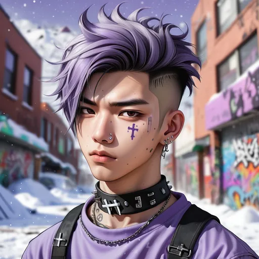 Prompt: illustration of a young adult Asian male wastelander against an out-of-focus snowy, graffitied background. He has a choker and upside-down cross piercing. His hair is shaved on the side and is colored lavender. 
