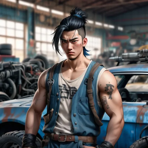 Prompt: illustration of an Asian, burly young adult male wastelander against an out-of-focus Mad-Max car in an auto shop. His blue-black hair is tied in a bun. He wears stained mechanic overalls and a kevlar vest. Post-apocalypse setting