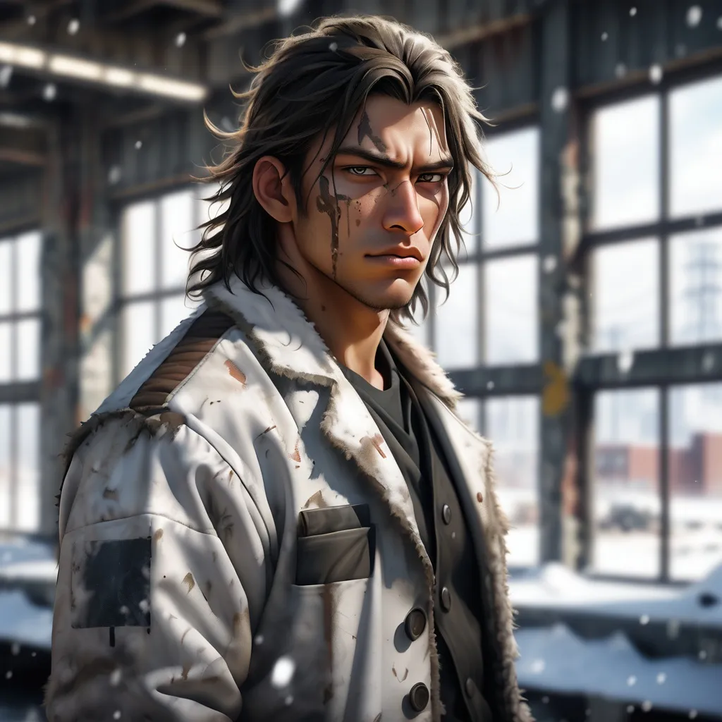 Prompt: illustration of a burly, Native American young-adult male wastelander against an out-of-focus factory wall with a window; the window is cracked and snowy. He has short, wavy, messy hair. He wears a tattered and armored lab coat. Post-apocalypse setting