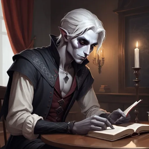 Prompt: A portrait of a slender, beautiful young male Drow seated a at inn table, reading a book. Digital-art style