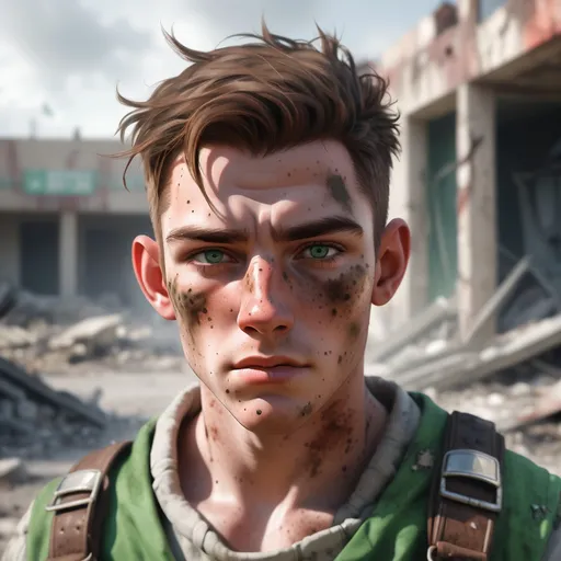 Prompt: illustration of a young adult Irish male wastelander medic against an out-of-focus destroyed clinic. He has freckles all across his cheeks and nose.