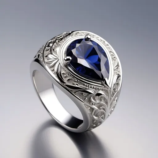 Prompt: A silver men's ring with a blue sapphire pear-cut gem in the center