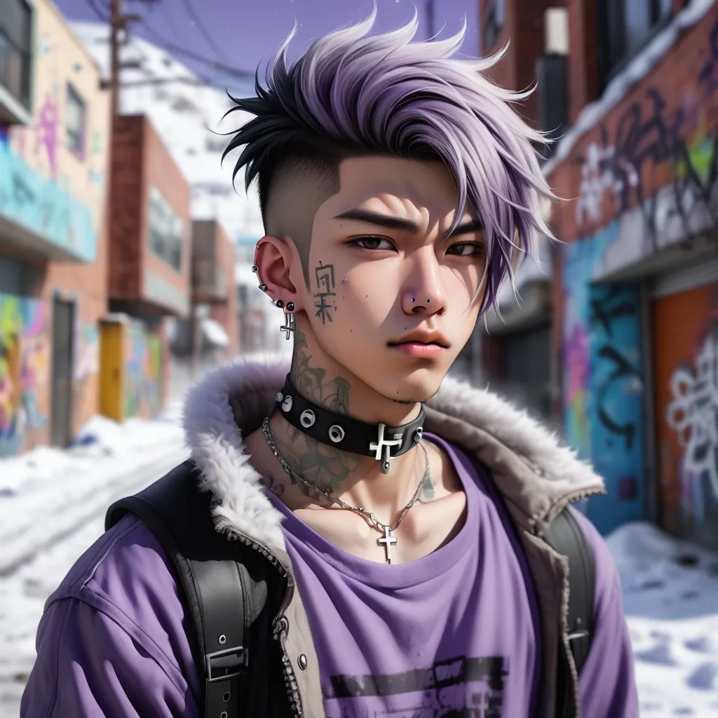 Prompt: illustration of a young adult Asian male wastelander against an out-of-focus snowy, graffitied background. He has a choker and upside-down cross piercing. His hair is shaved on the side and is colored lavender. 
