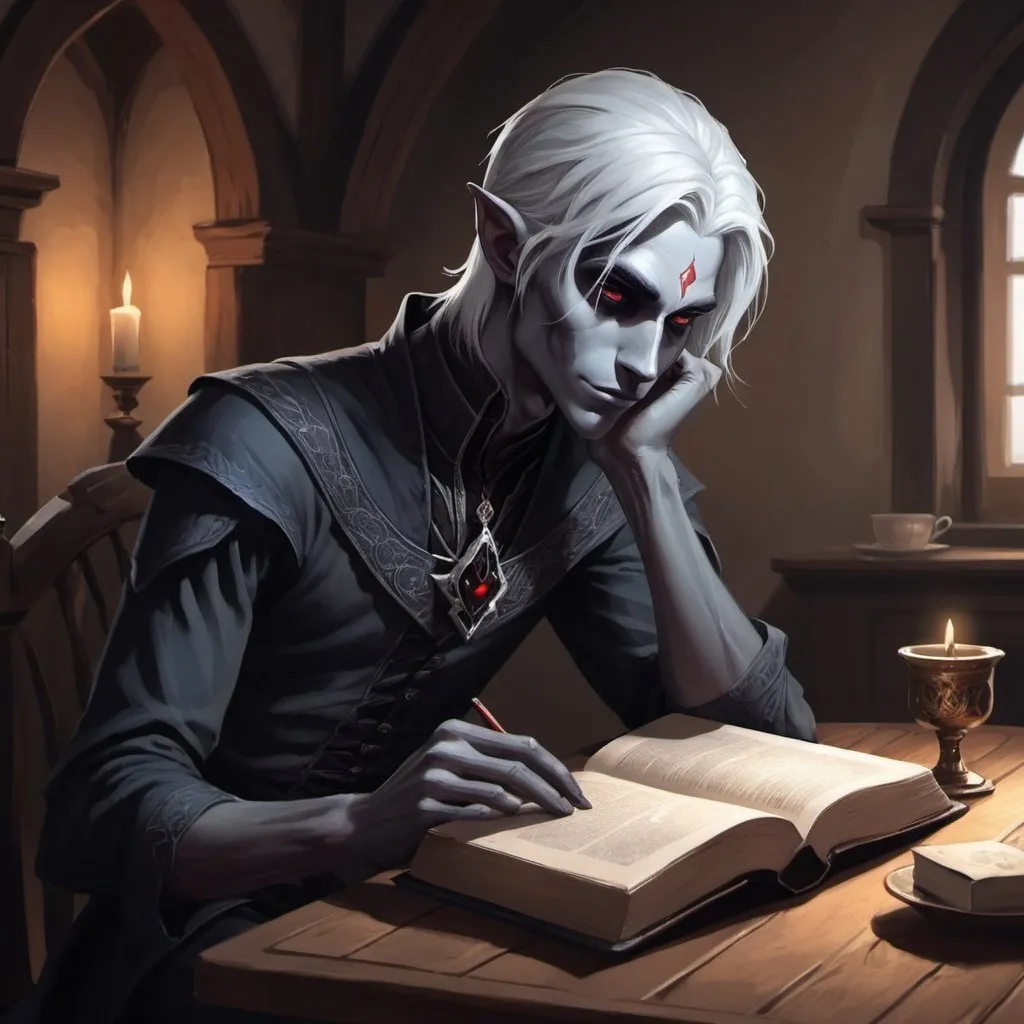 Prompt: A portrait of a slender, beautiful young male Drow seated a at inn table, reading a book. Digital-art style