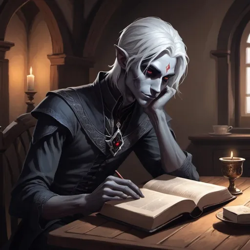 Prompt: A portrait of a slender, beautiful young male Drow seated a at inn table, reading a book. Digital-art style