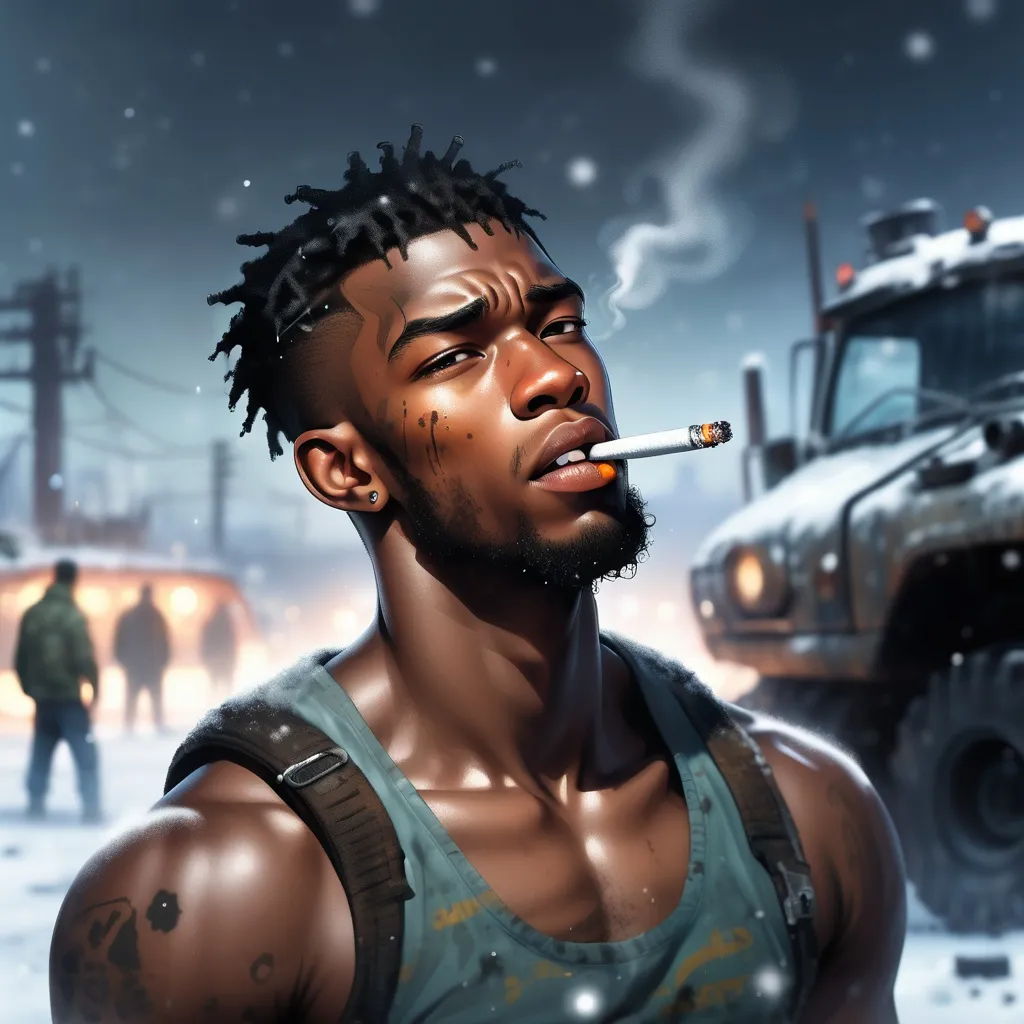 Prompt: illustration of a thin young adult Black male wastelander mechanic against an out-of-focus snowy tank. He is illuminated by the glow of a cigarette in his mouth. Grease stains smudge his forehead. Post-apocalypse setting. 