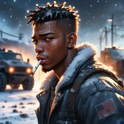 Prompt: illustration of a thin young adult Black male wastelander mechanic against an out-of-focus snowy tank. He is illuminated by the glow of a cigarette in his mouth. Grease stains smudge his forehead. Post-apocalypse setting. 