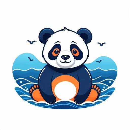 Prompt: Stylized cartoon dark blue and orange panda mascot with ocean themes, vector flat logo, simple lines, cute cartoon illustration, white backdrop
