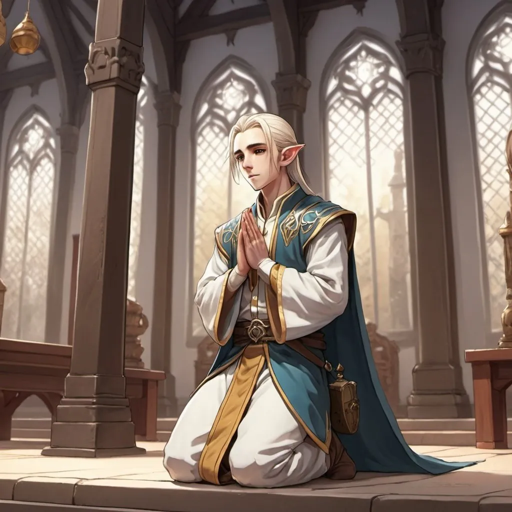 Prompt: Cute male high-elf cleric, praying in a temple; anime style